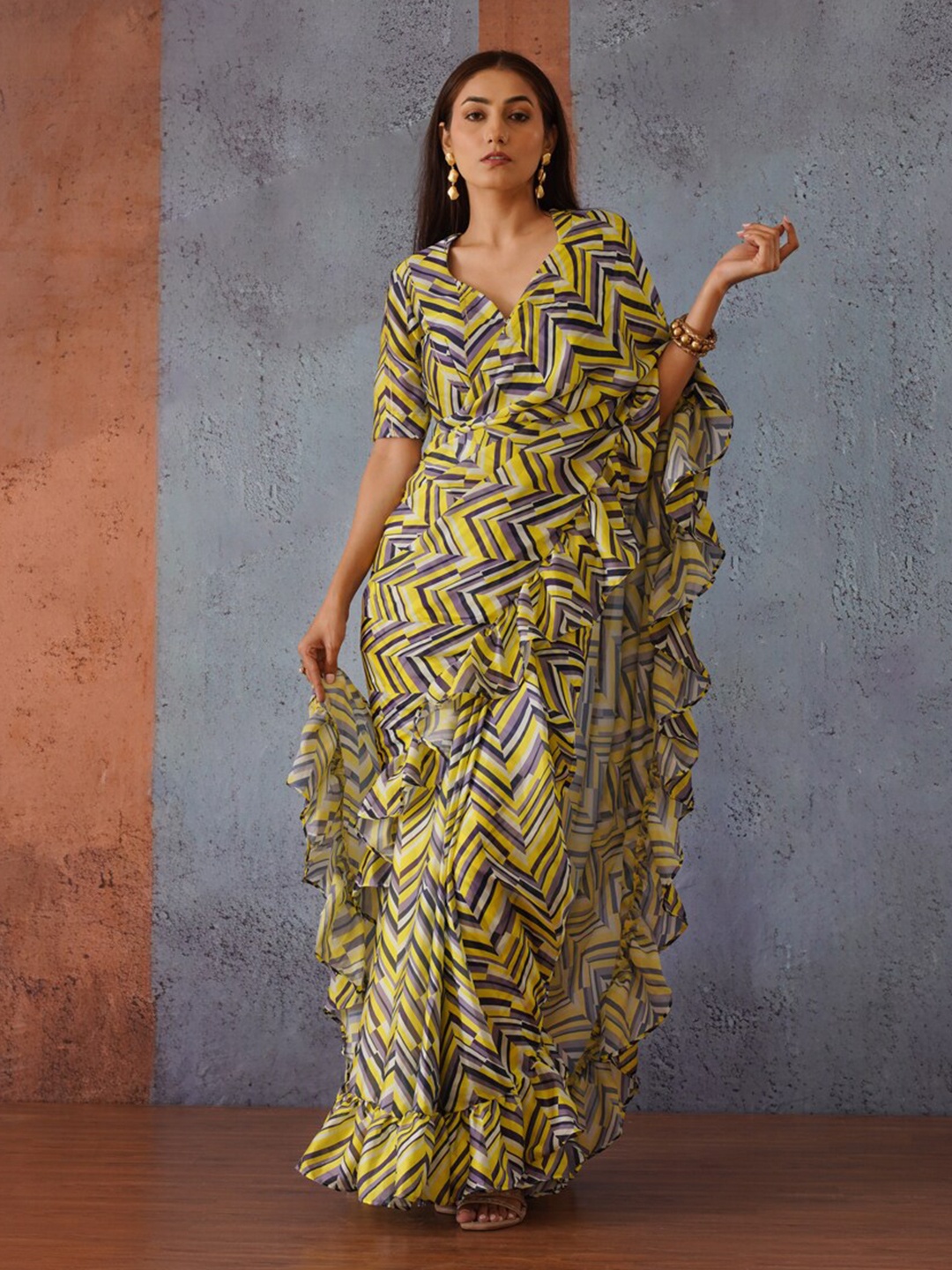 

Tikhi Imli Geometric Digital Printed Ruffled Ready to Wear Saree, Yellow