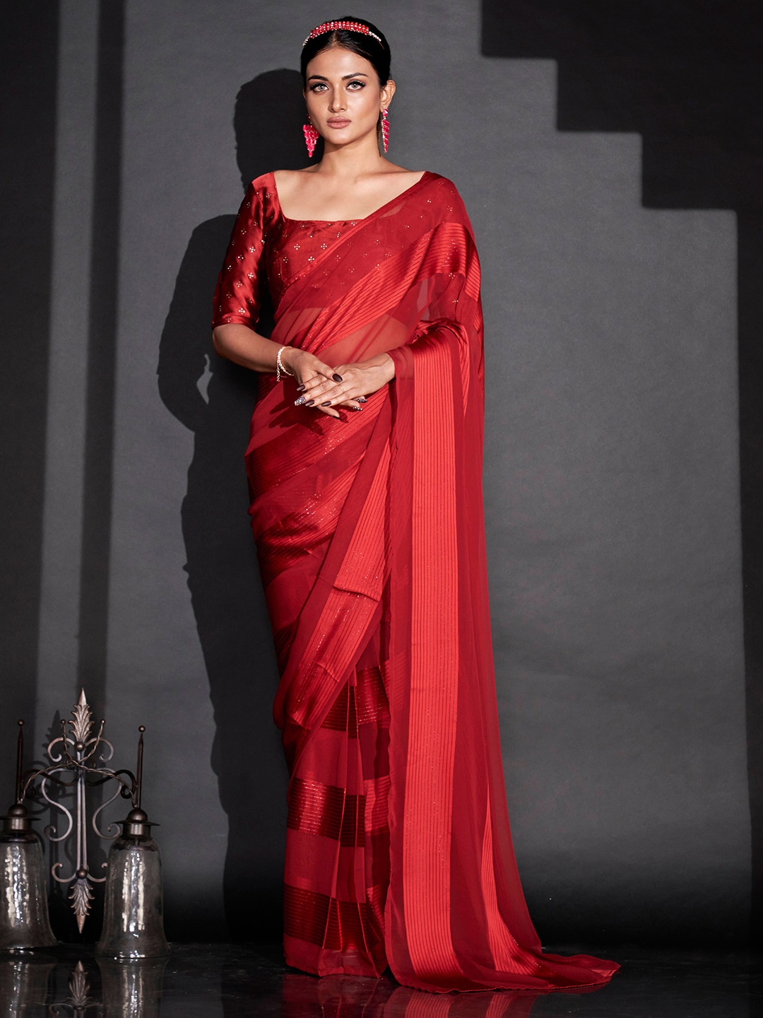 Tikhi Imli Striped Ready to Wear Saree, Red