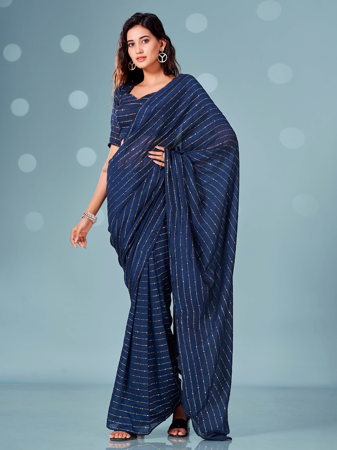 

Tikhi Imli Embellished Mukaish Ready To Wear Saree, Navy blue