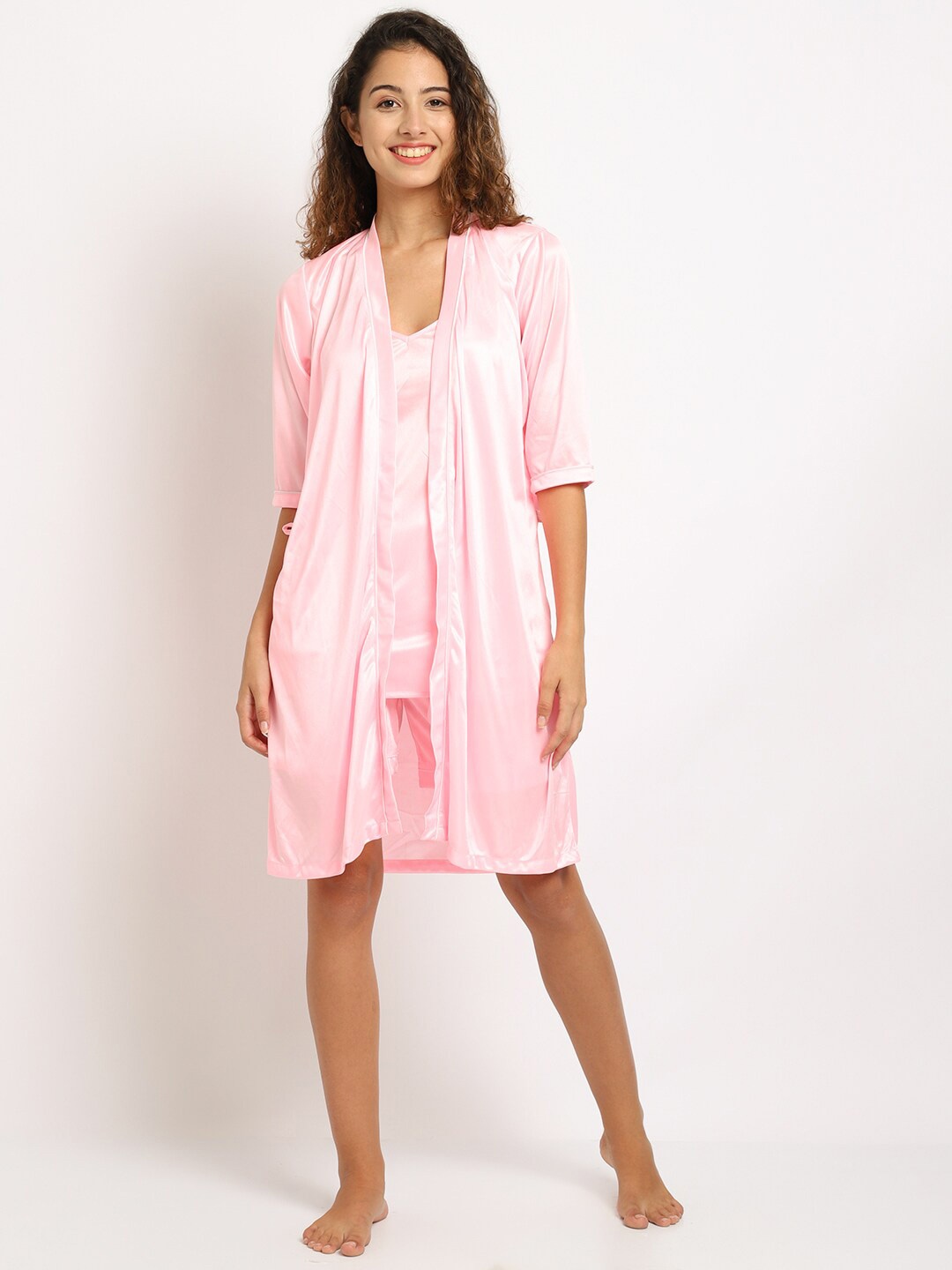 

ELEVANTO Shoulder Straps Satin Nightdress & Robe, Pink