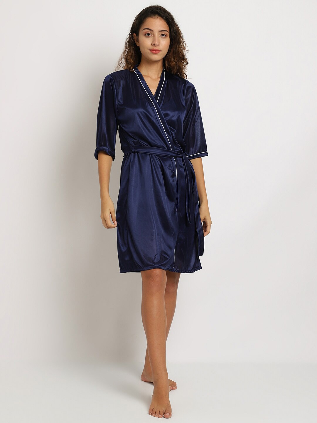 

ELEVANTO Shoulder Straps Satin Night Suit & Robe, Navy blue