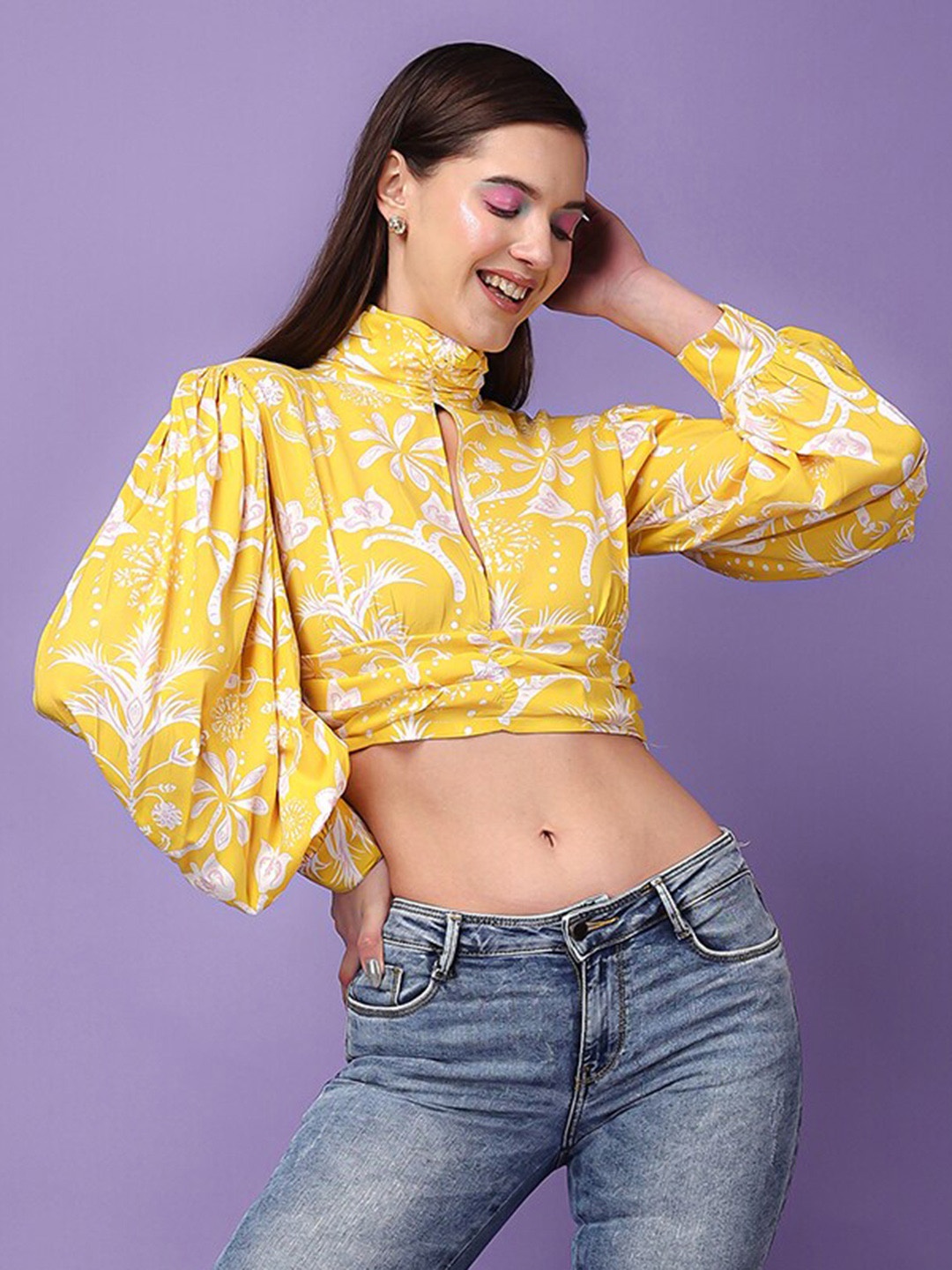 

SCORPIUS Floral Print Puff Sleeve Crop Top, Yellow