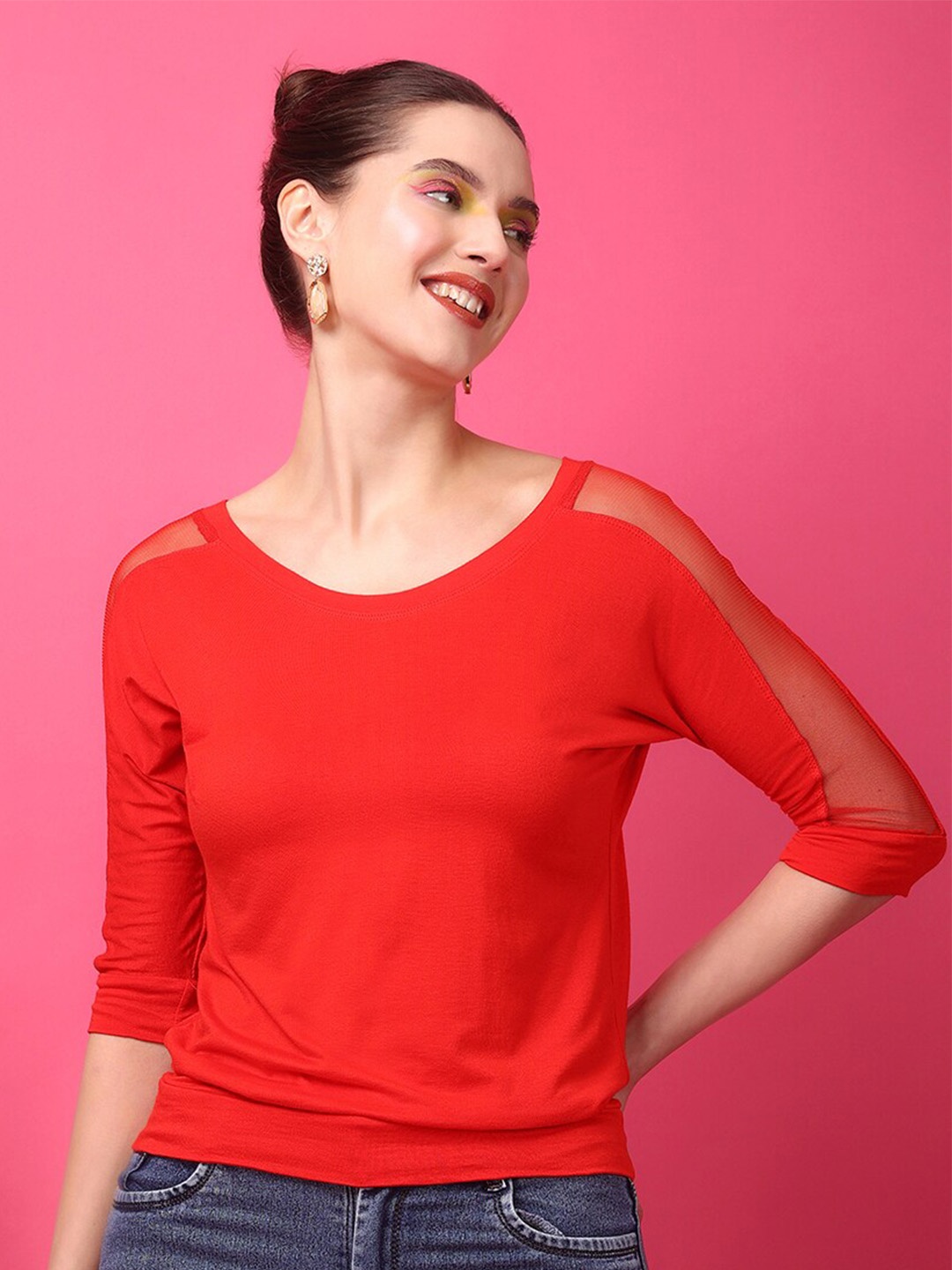 SCORPIUS Round Neck Net Top, Red
