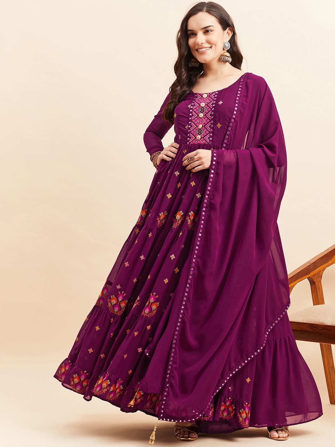 

KALINI Ethnic Motifs Embroidered Georgette Fit and Flare Maxi Ethnic Dresses With Dupatta, Burgundy