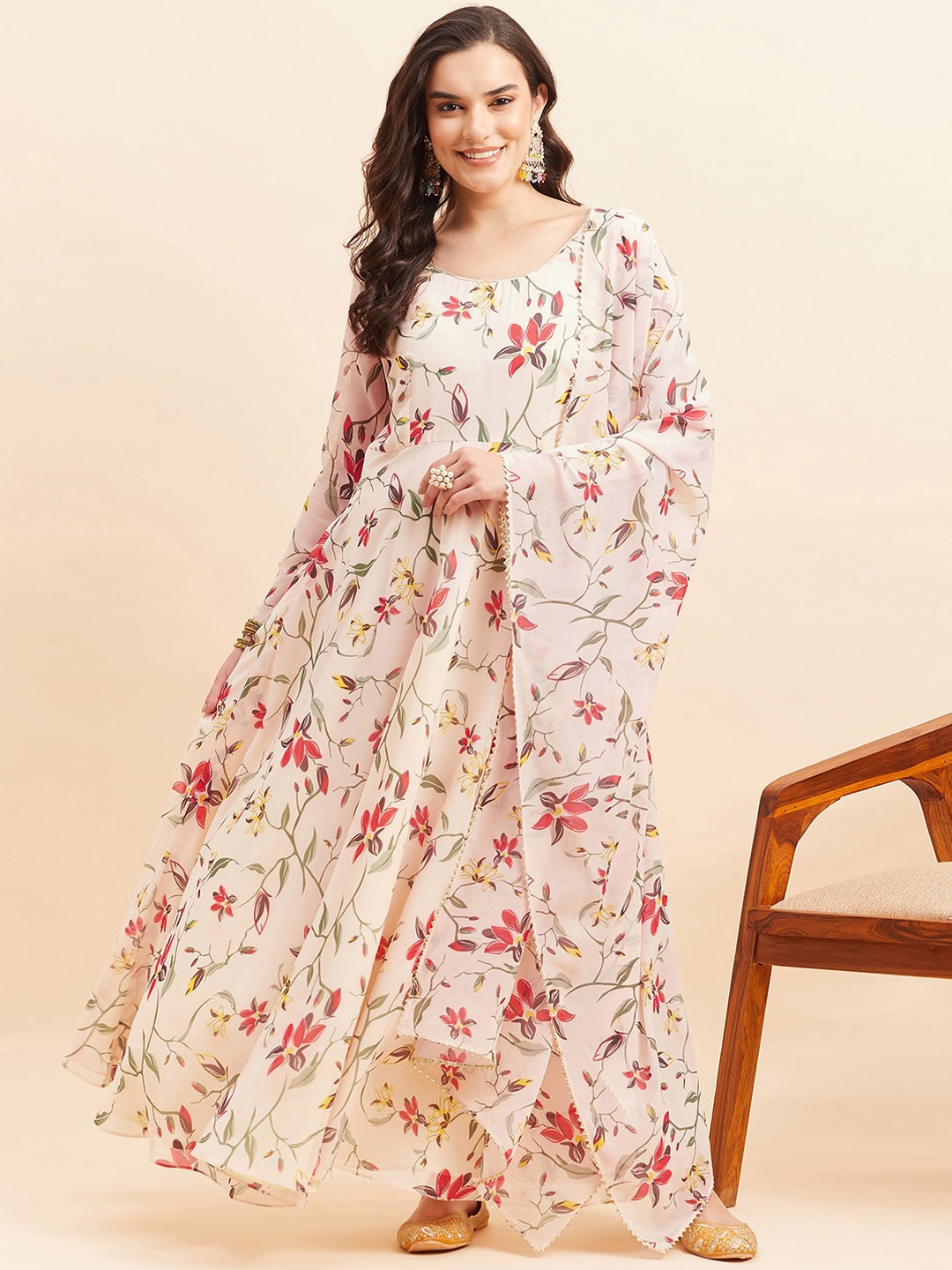 

KALINI Floral Printed Gotta Patti Georgette Maxi Gown With Dupatta, Off white