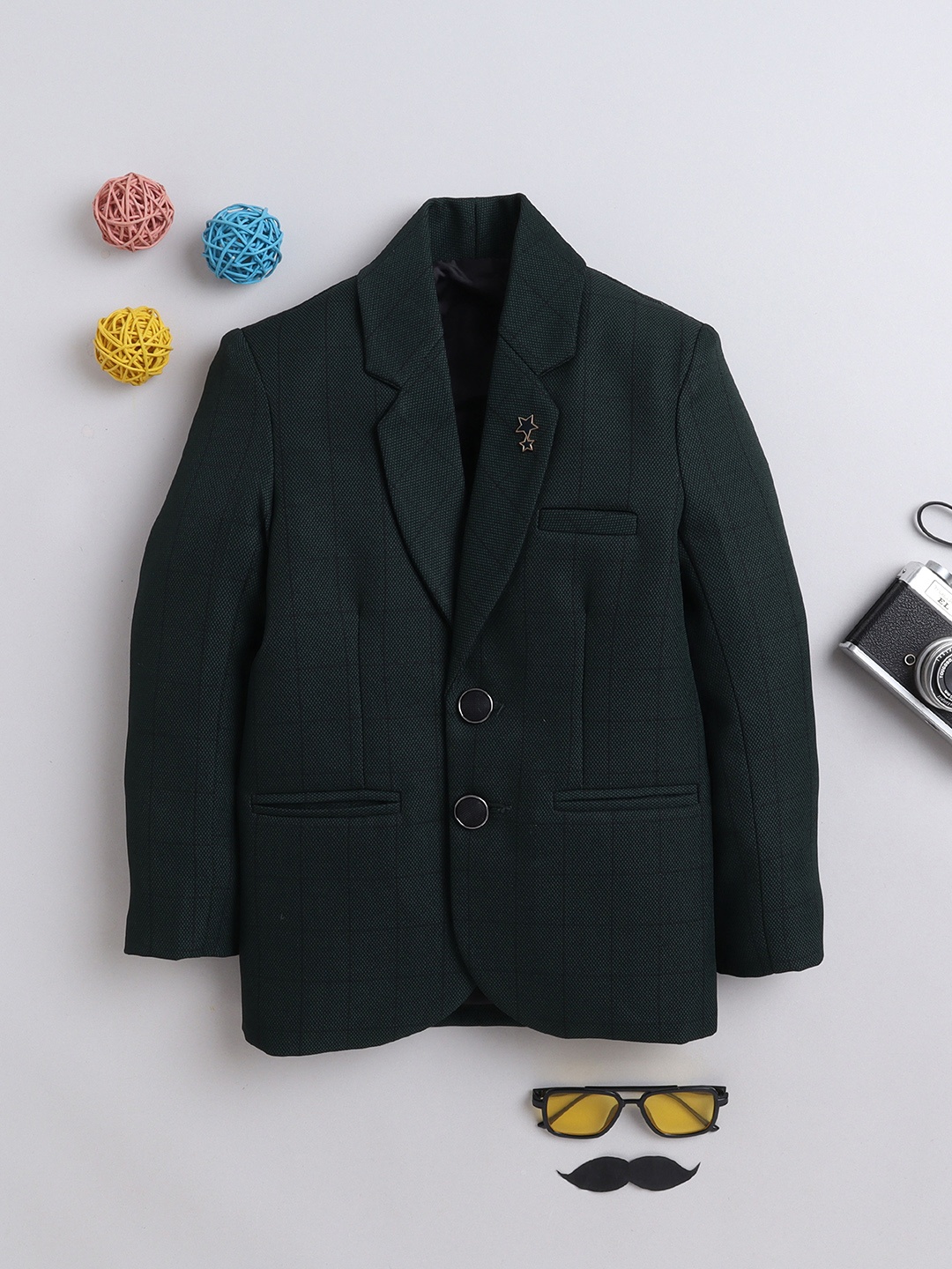 

BAESD Boys Checked Notched Lapel Collar Single Breasted Blazer, Green