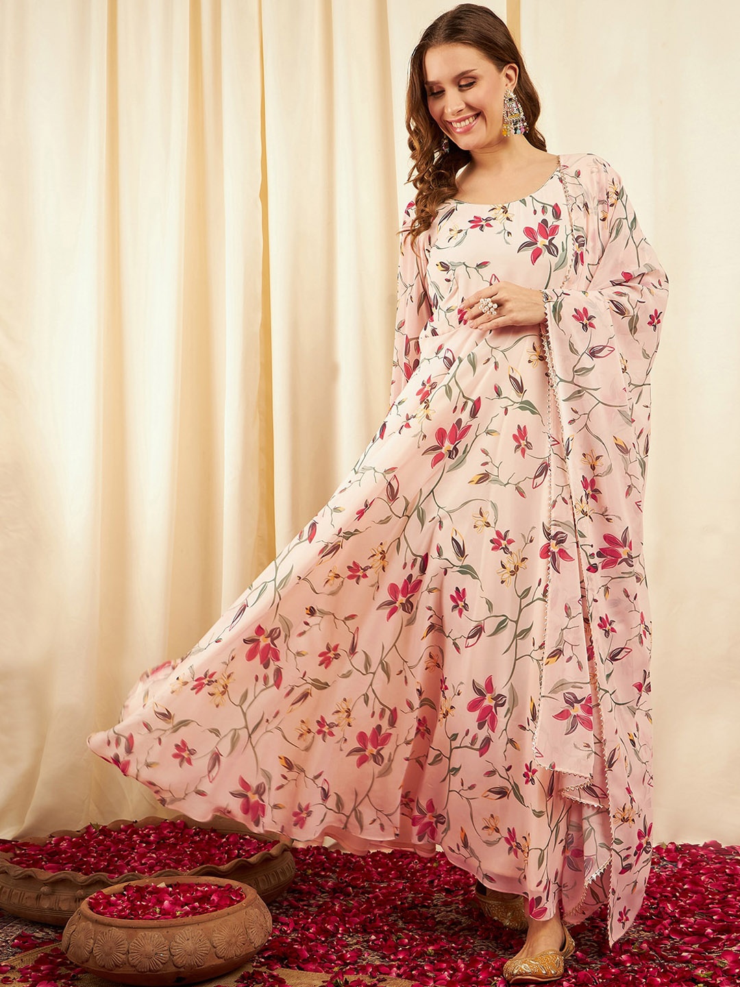 

BLACK SCISSOR Floral Printed Georgette Fit & Flare Maxi Ethnic Dress With Dupatta, Off white