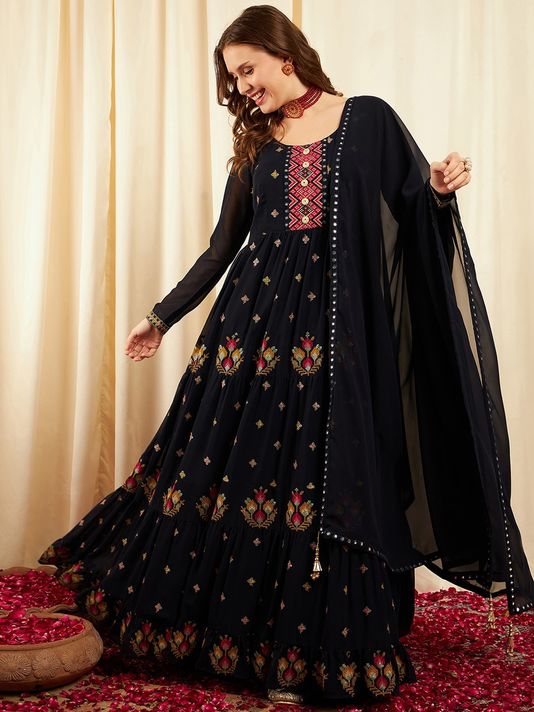 

BLACK SCISSOR Ethnic Motifs Embroidered Sequinned Detailed Maxi Ethnic Dress With Dupatta, Navy blue