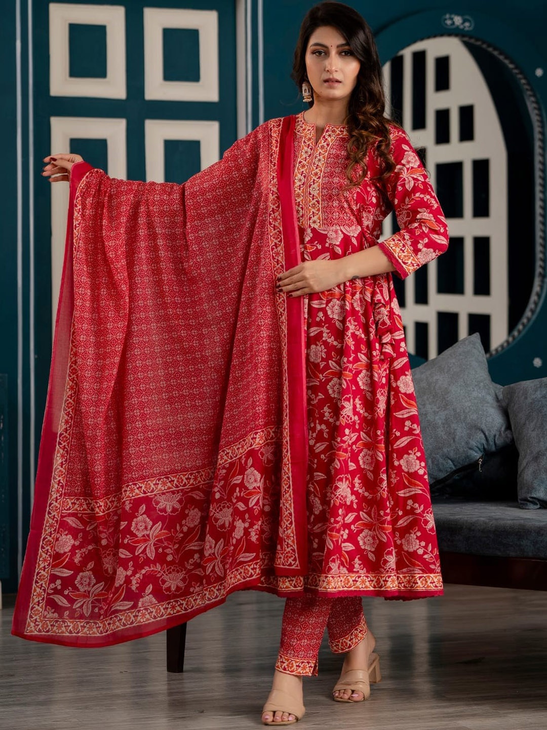 

KAJREE Floral Printed Empire Thread Work Pure Cotton Kurta with Salwar & Dupatta, Red