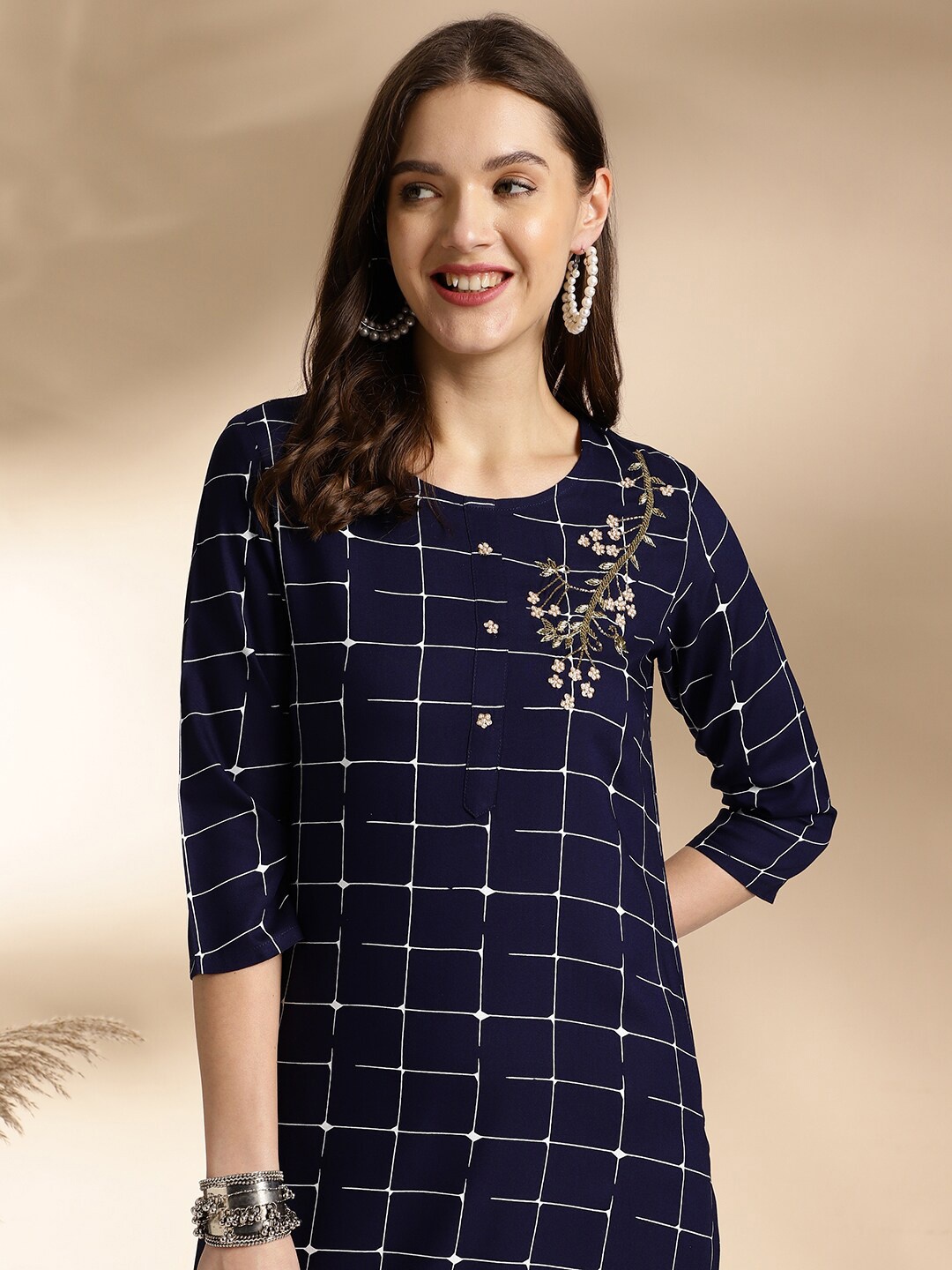 

Anouk Checked Thread Work Straight Kurta, Navy blue