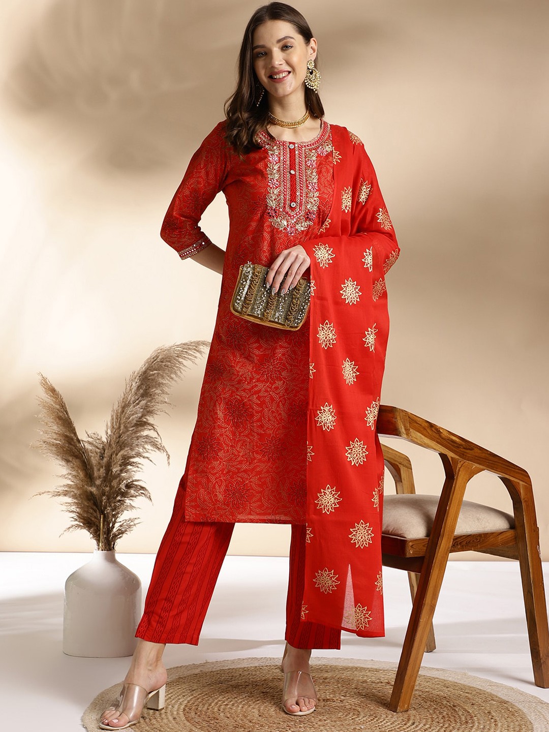 

Anouk Ethnic Motifs Printed Round Neck Pure Cotton Straight Kurta with Trousers & Dupatta, Red