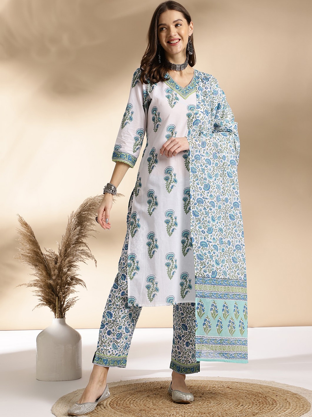 

Anouk Floral Printed V-Neck Pure Cotton Straight Kurta with Trousers & Dupatta, Blue