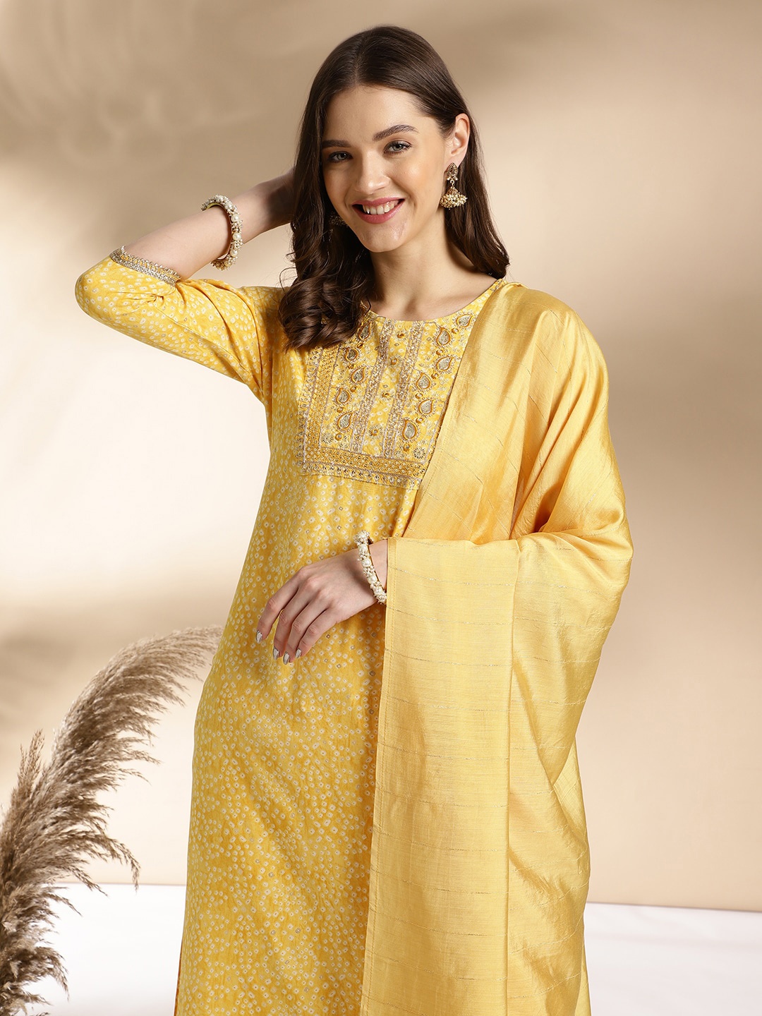 

Anouk Yellow Bandhani Printed Round Neck Straight Kurta With Trousers & Dupatta