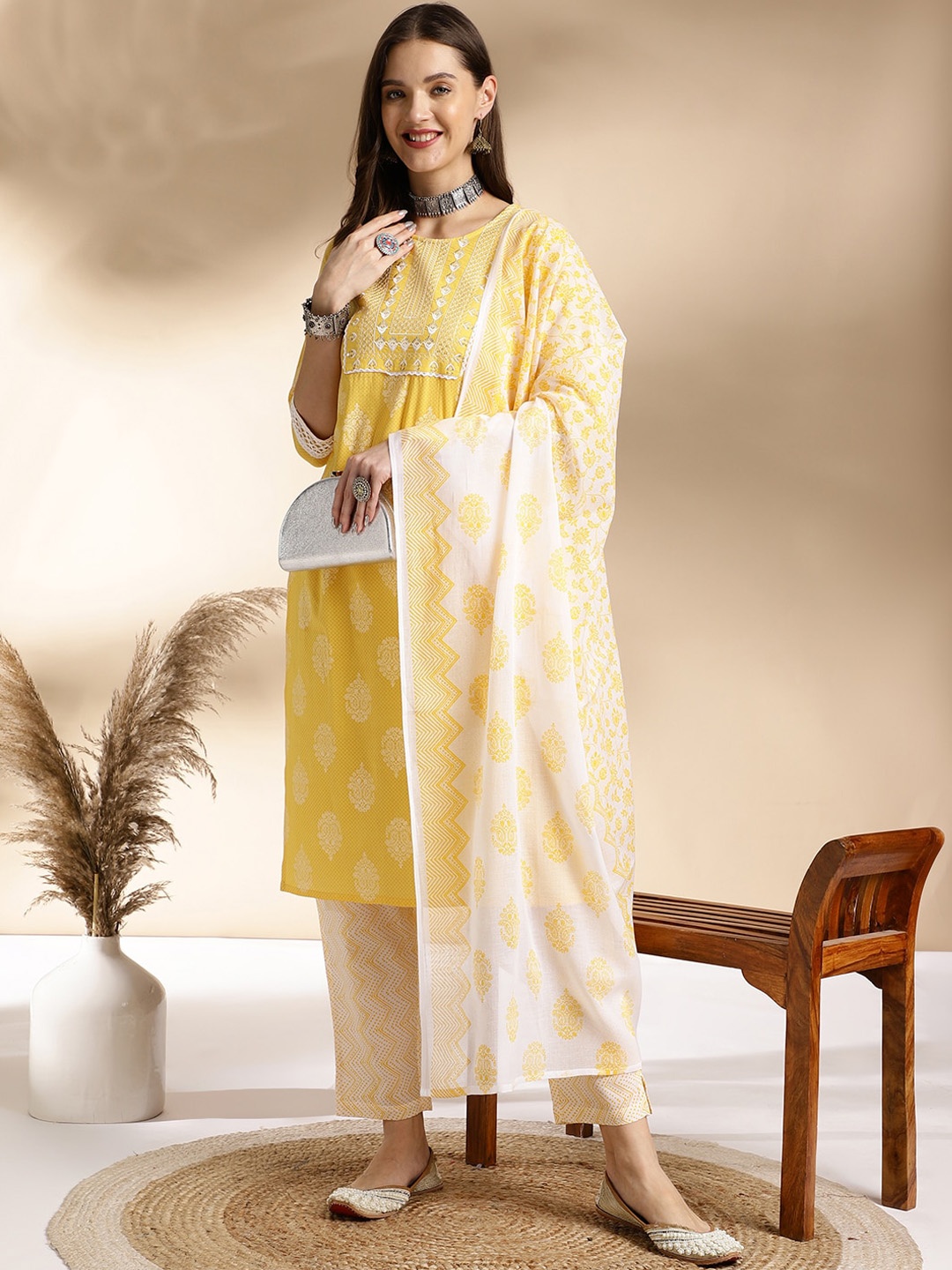 

Anouk Yellow Floral Printed Straight Pure Cotton Kurta with Trousers & Dupatta
