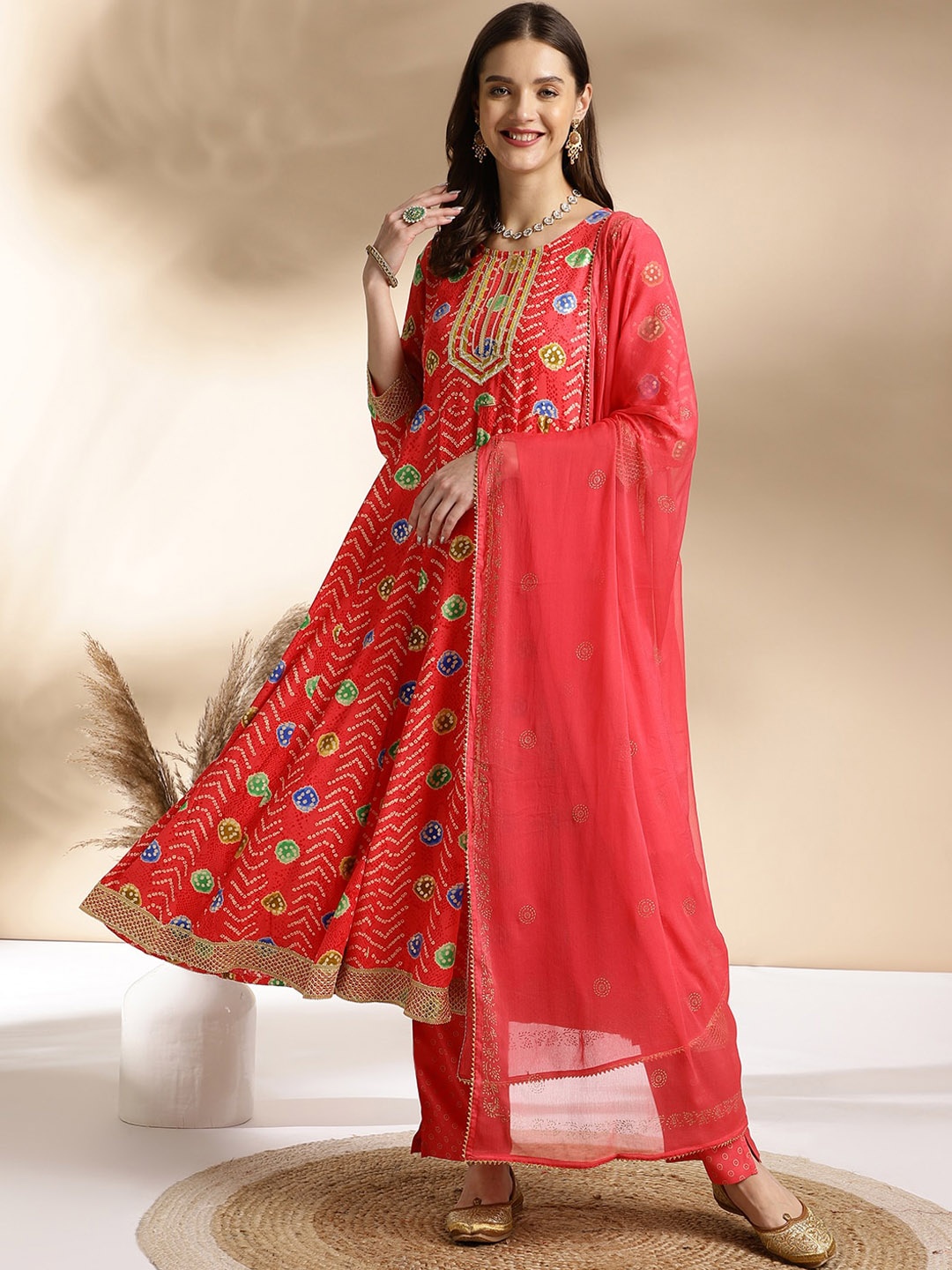 

Anouk Coral Red Bandhani Printed Gotta Patti Anarkali Kurta With Trousers & Dupatta