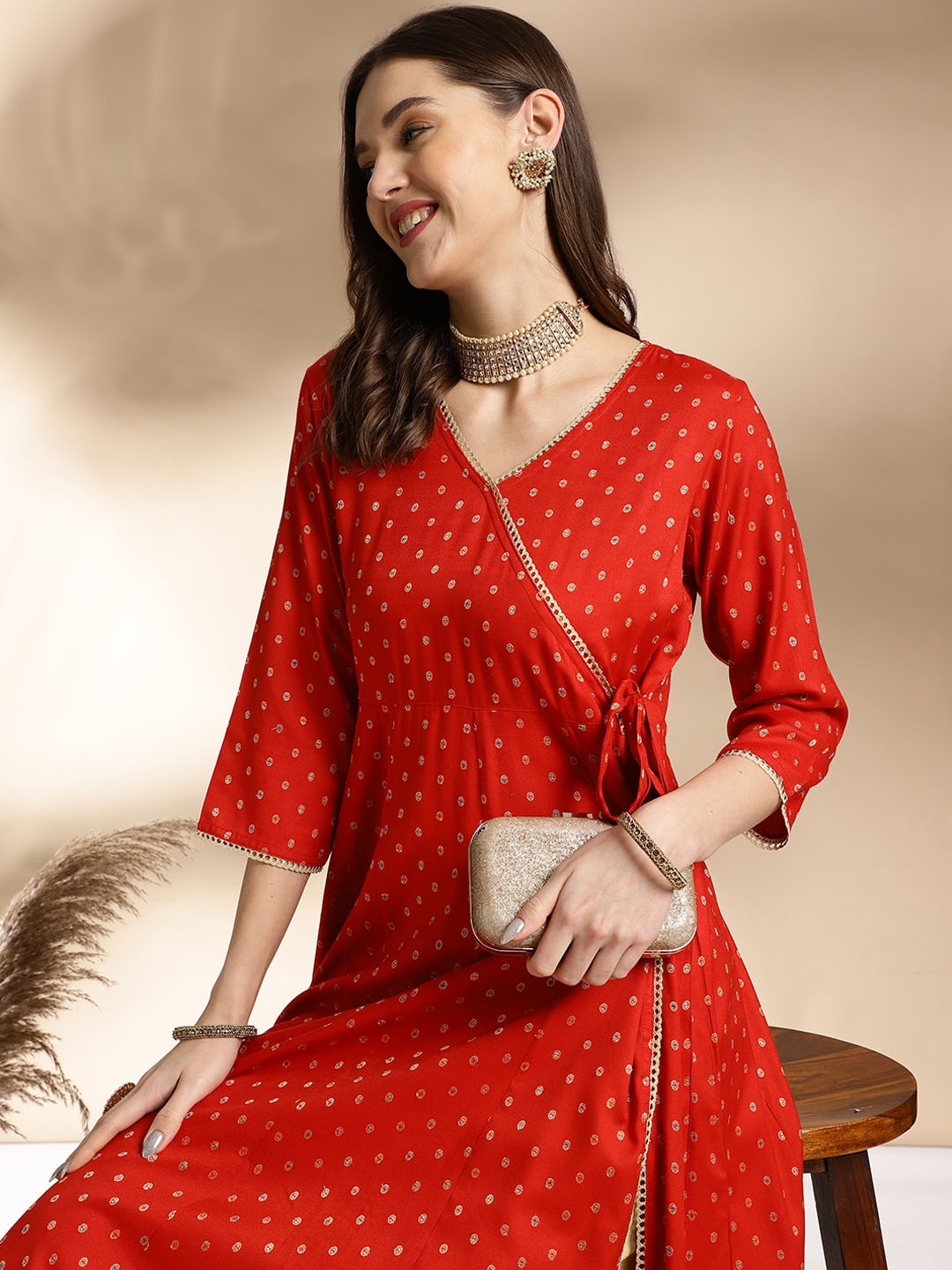 

Anouk Ethnic Motifs Printed V-Neck Angrakha A-Line Kurta with Trousers, Red