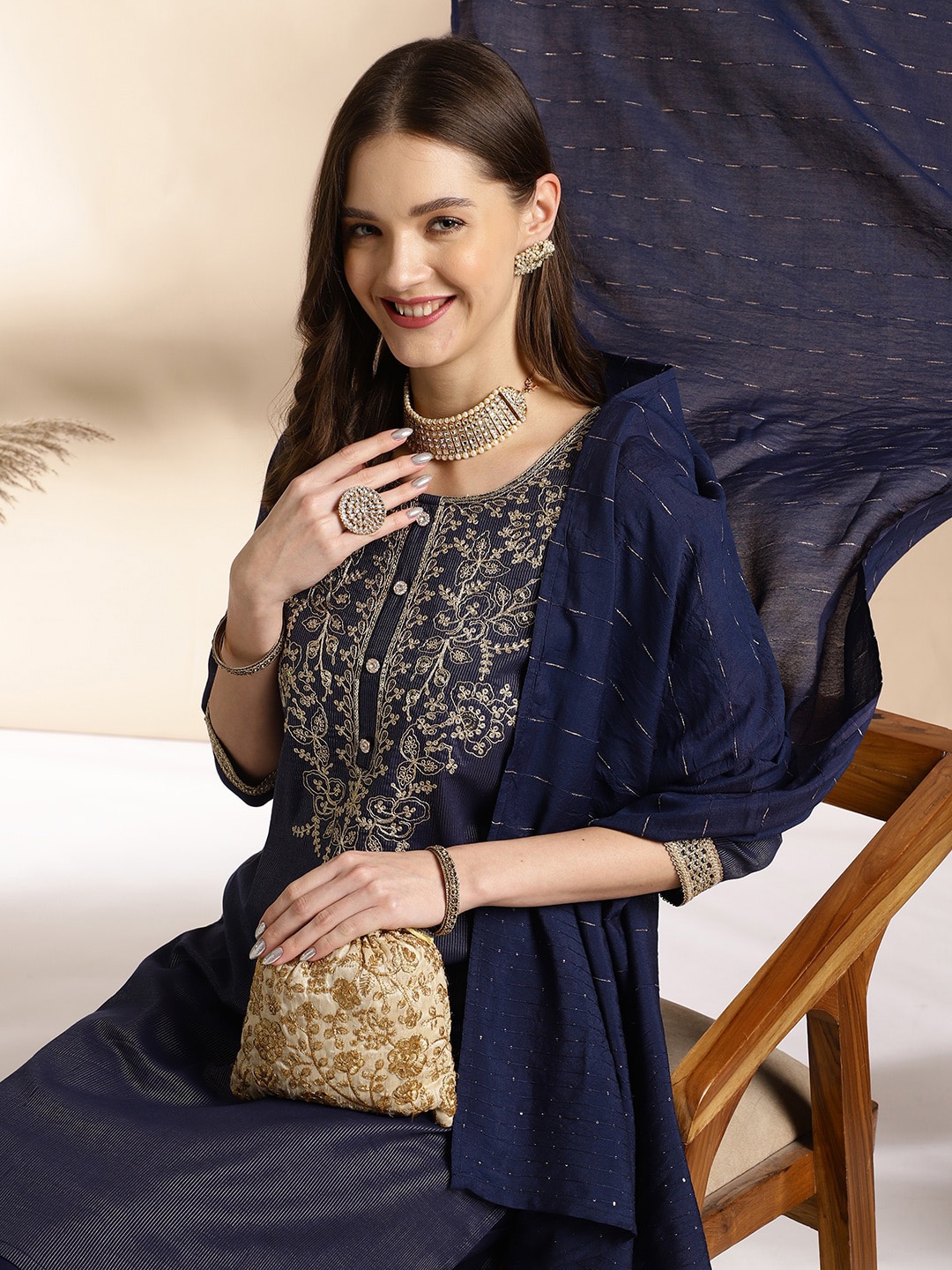 

Anouk Ethnic Motifs Embroidered Round Neck Straight Kurta with Sharara & Dupatta, Navy blue