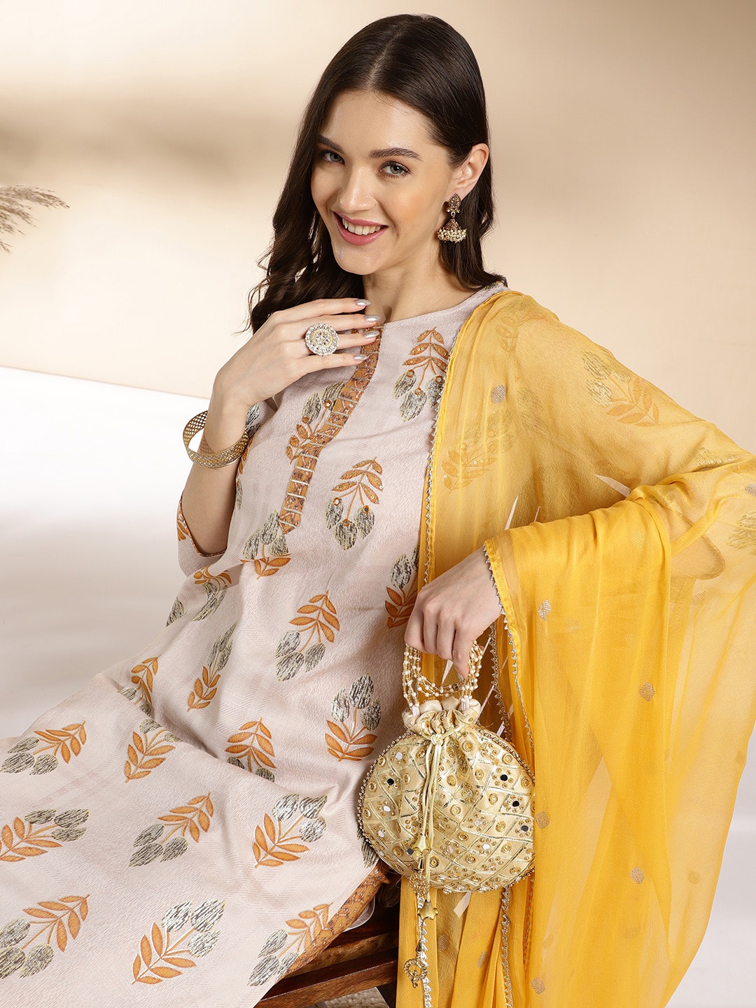 

Anouk Off-White Floral Printed Sequined Straight Kurta with Trousers & Dupatta