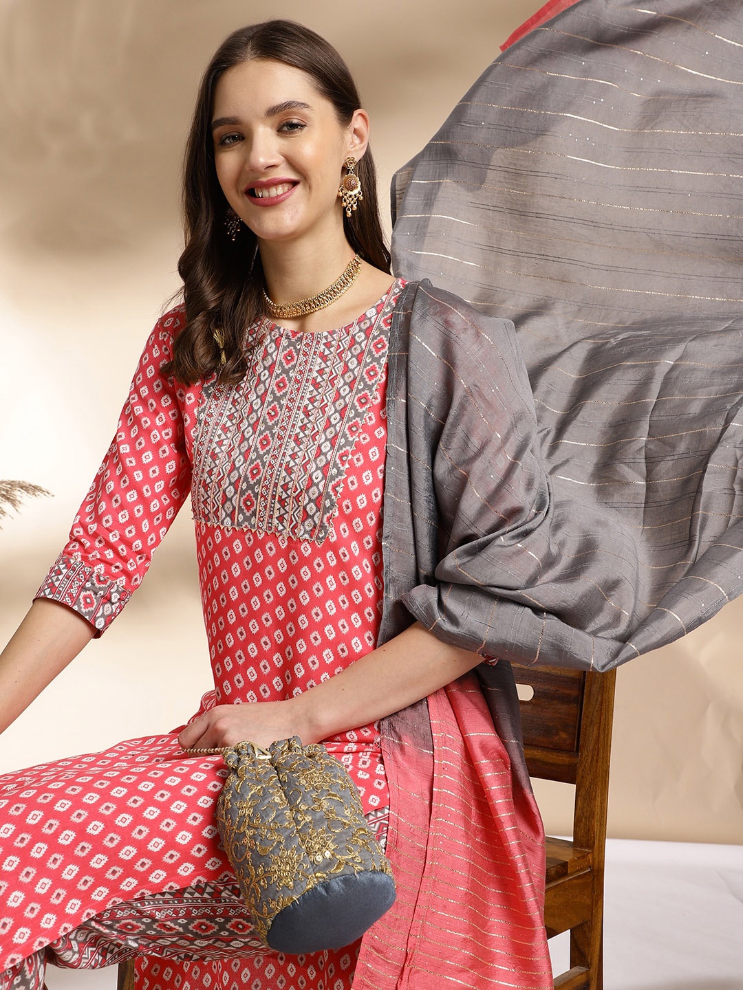 

Anouk Pink Ethnic Motifs Printed Gotta Patti Straight Kurta with Trousers & Dupatta