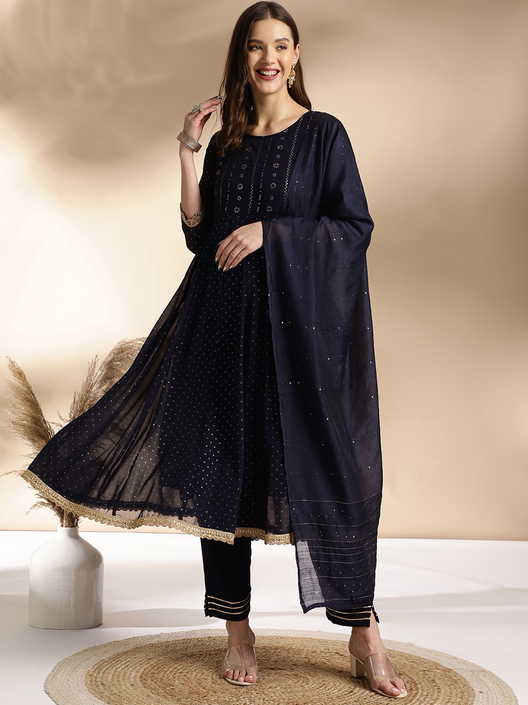 

Anouk Navy Blue Ethnic Motifs Printed Georgette Anarkali Kurta With Trouser & Dupatta