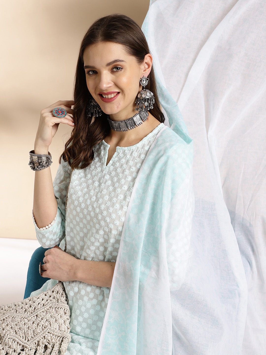 

Anouk Blue Ethnic Motifs Printed Chikankari Pure Cotton Kurta With Trousers & Dupatta