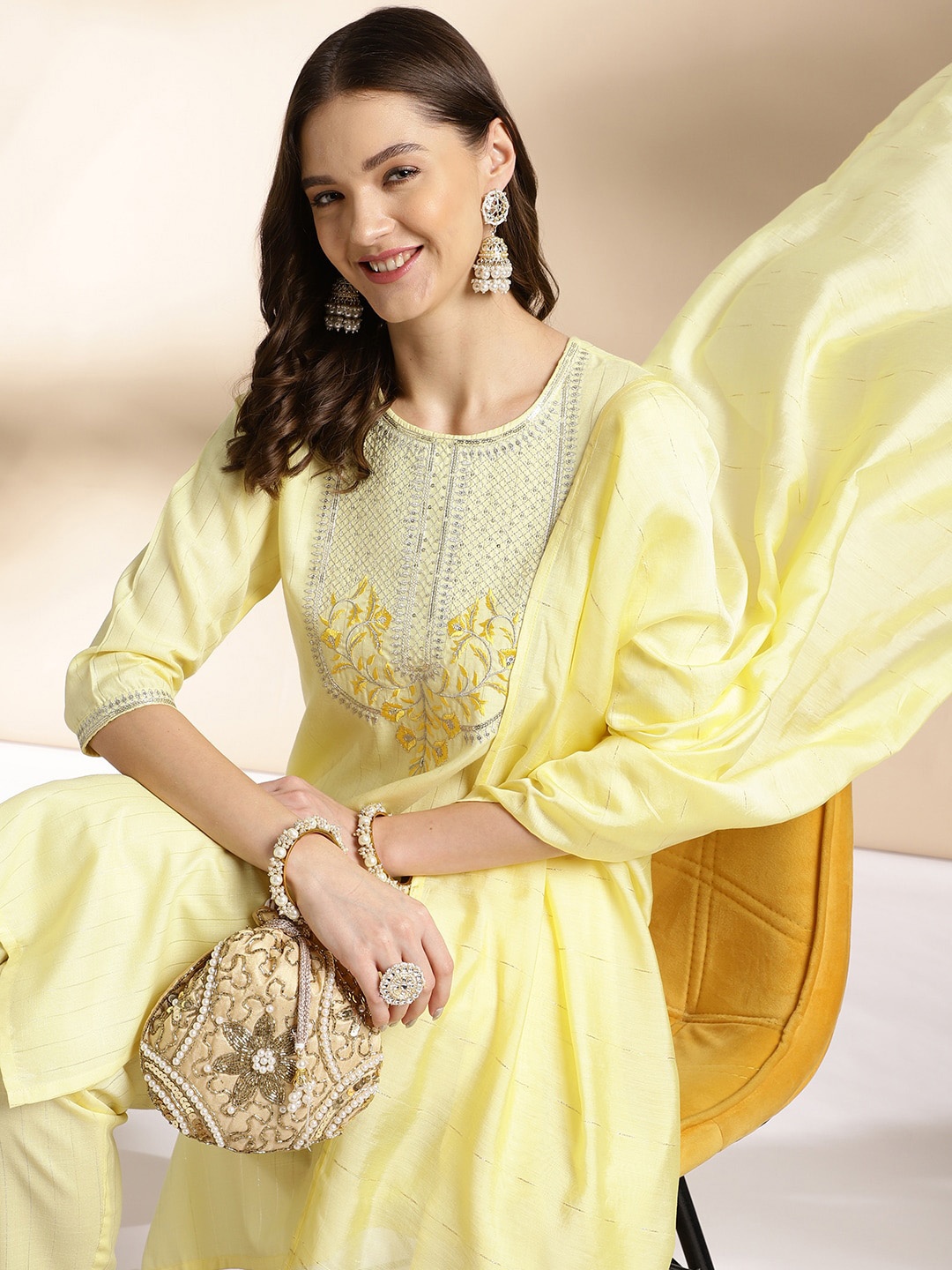

Anouk Ethnic Motifs Embroidered Round Neck Straight Kurta with Trousers & Dupatta, Yellow