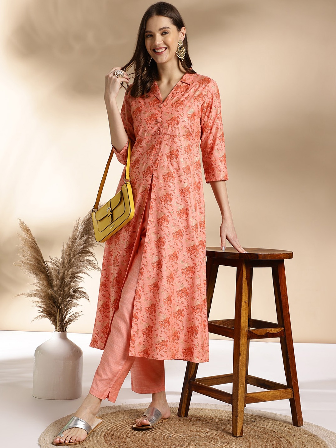 

Anouk Shawl Collar Floral Printed Regular A-Line Kurta with Trousers, Peach