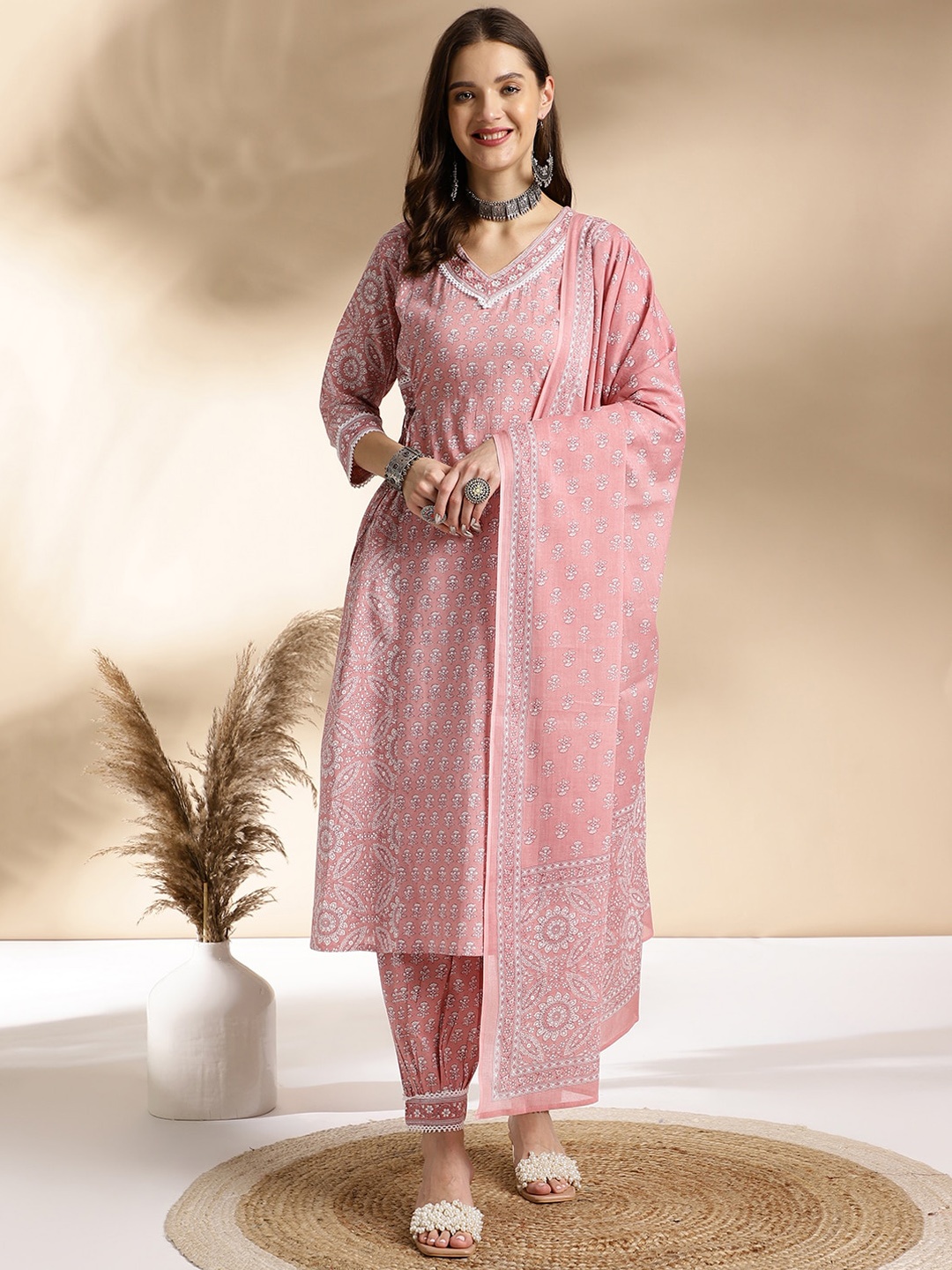 

Anouk Pink Floral Printed Lace Pure Cotton Kurta With Salwar & Dupatta