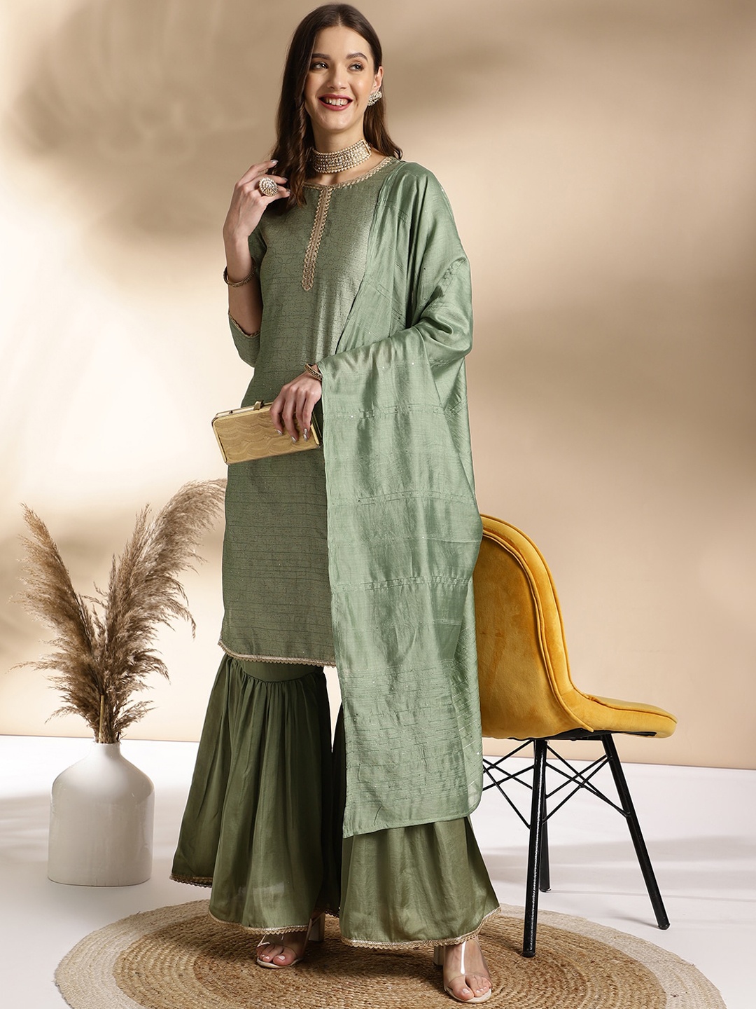 

Anouk Green Ethnic Motifs Printed Straight Pure Silk Kurta With Sharara & Dupatta