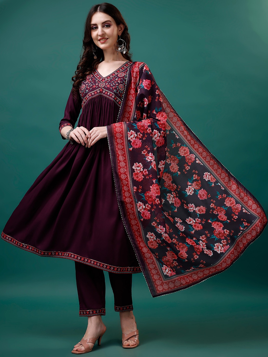 

KALINI Floral Embroidered Pleated Thread Work Kurta With Trousers & Dupatta, Magenta