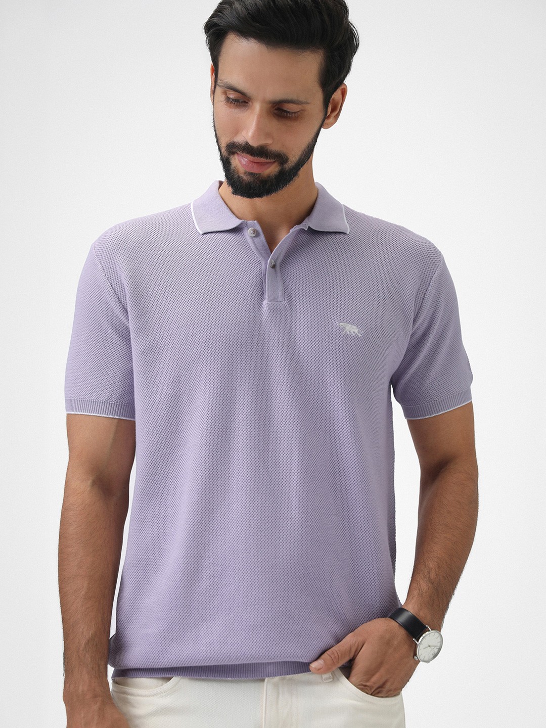 

Andamen Men Half Sleeve Tipping Collar Cotton Polo T-shirt, Lavender