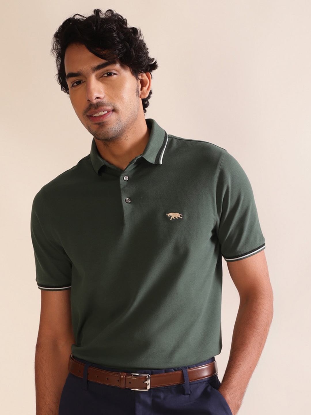 

Andamen Pique Structured Tipping Polo Collar Cotton T-shirt, Green