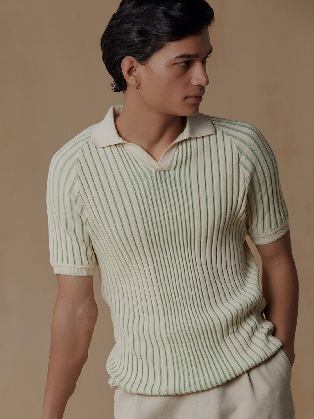 

Andamen Striped Polo Collar Cotton T-shirt, Green
