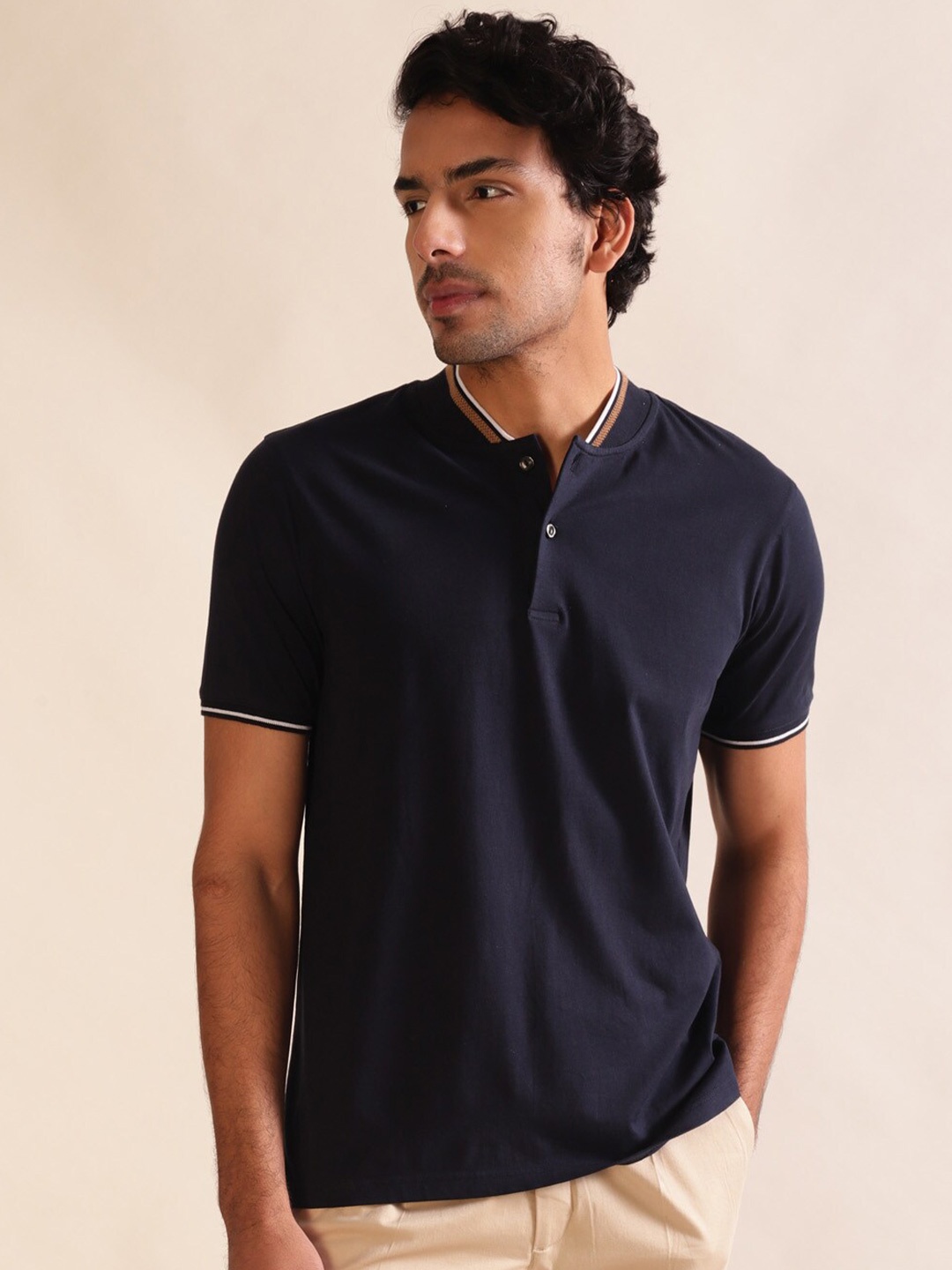 

Andamen Half Sleeve Single Jersey Cotton Crew Neck Polo Collar Cotton T-shirt, Navy blue