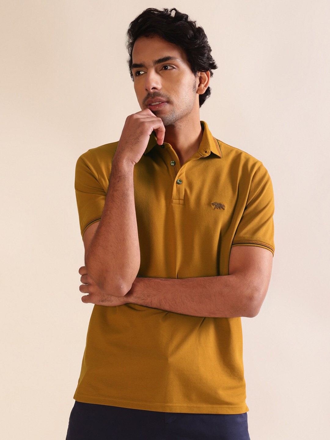 

Andamen Men Pique Structured Cotton Polo Neck T-shirt, Gold
