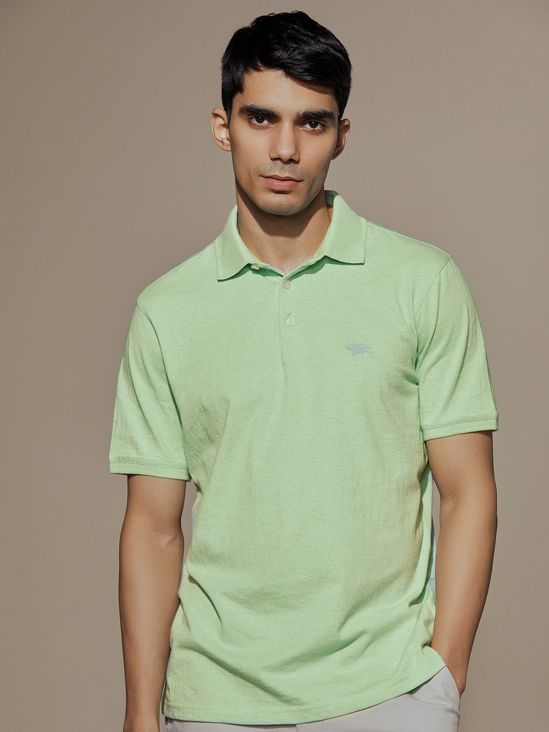 

Andamen Men Melange Single Jersey Compact Cotton Yarn Polo Neck T-shirt, Green