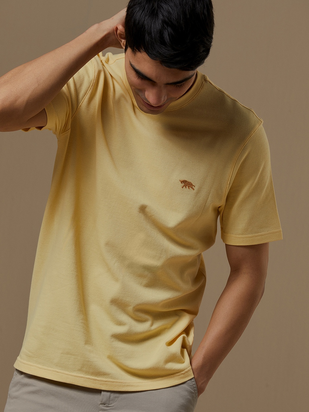 

Andamen Men Cotton Lycra Single Tuck Pique Crew Neck T-shirt, Yellow