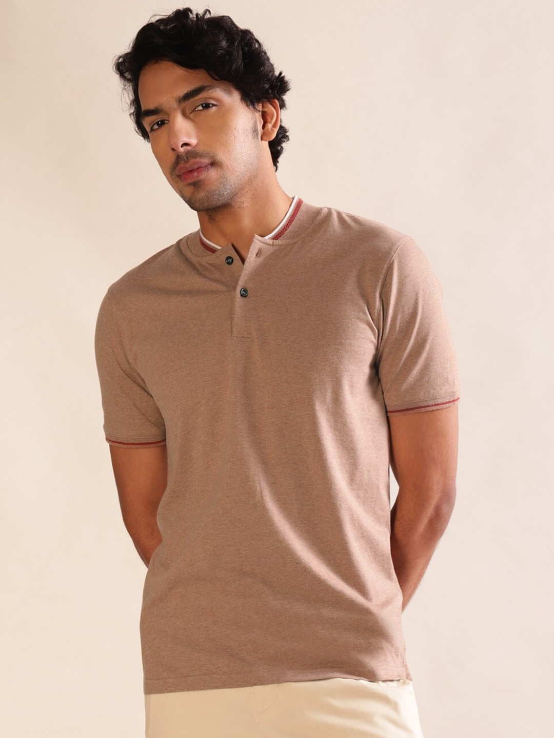 

Andamen Melange Henley Neck Half Sleeve Bomber Polo T-shirt, Khaki