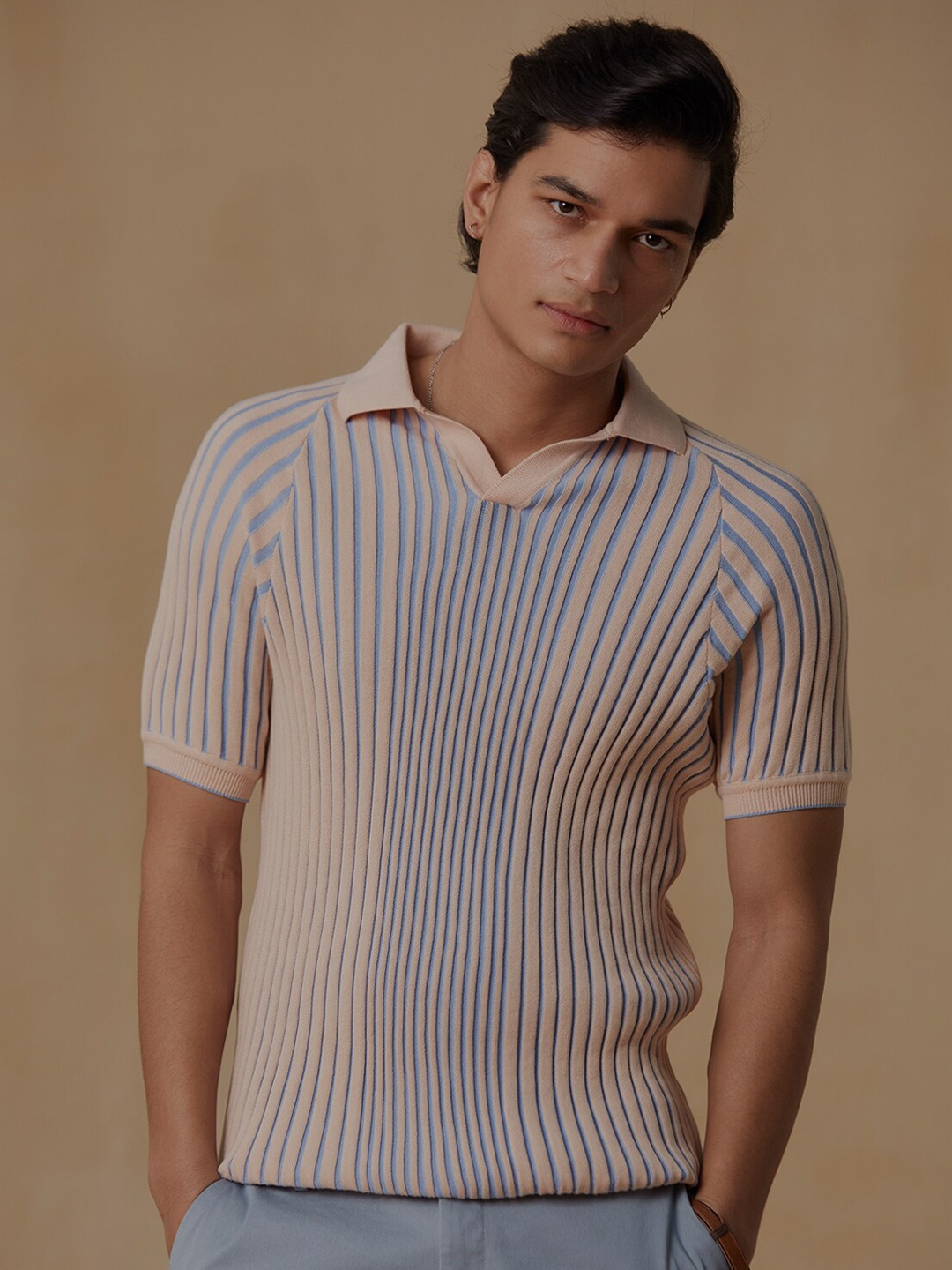 

Andamen Men Half Sleeve Open Neck Striped Polo, Blue