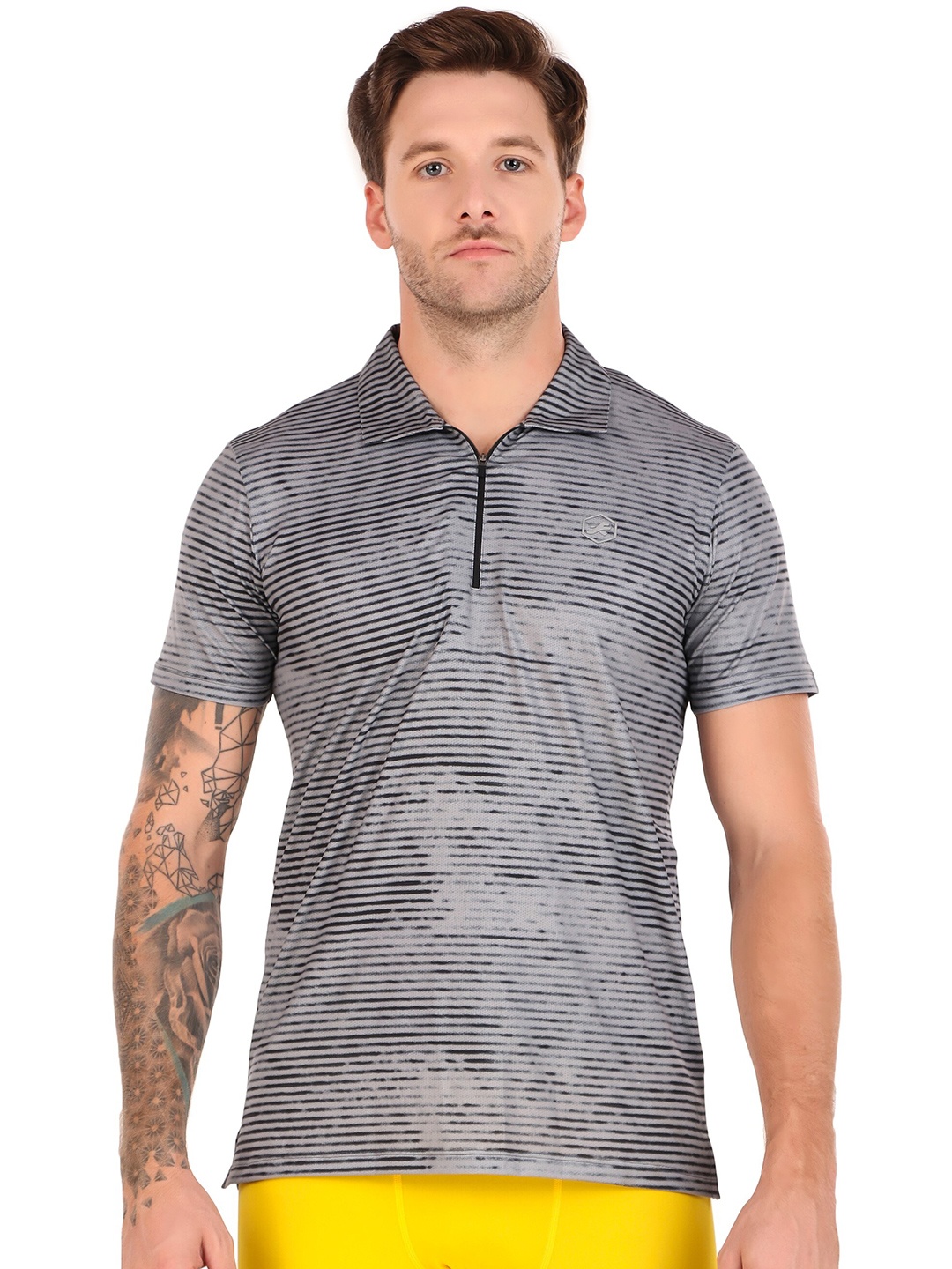 

REDESIGN Striped Rapid-Dry Polo Collar Gym T-shirt, Grey