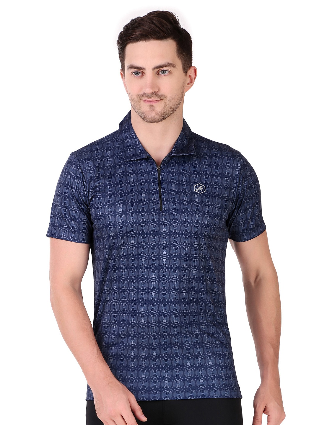 

REDESIGN Geometric Printed Rapid-Dry Polo Collar Gym T-shirt, Blue
