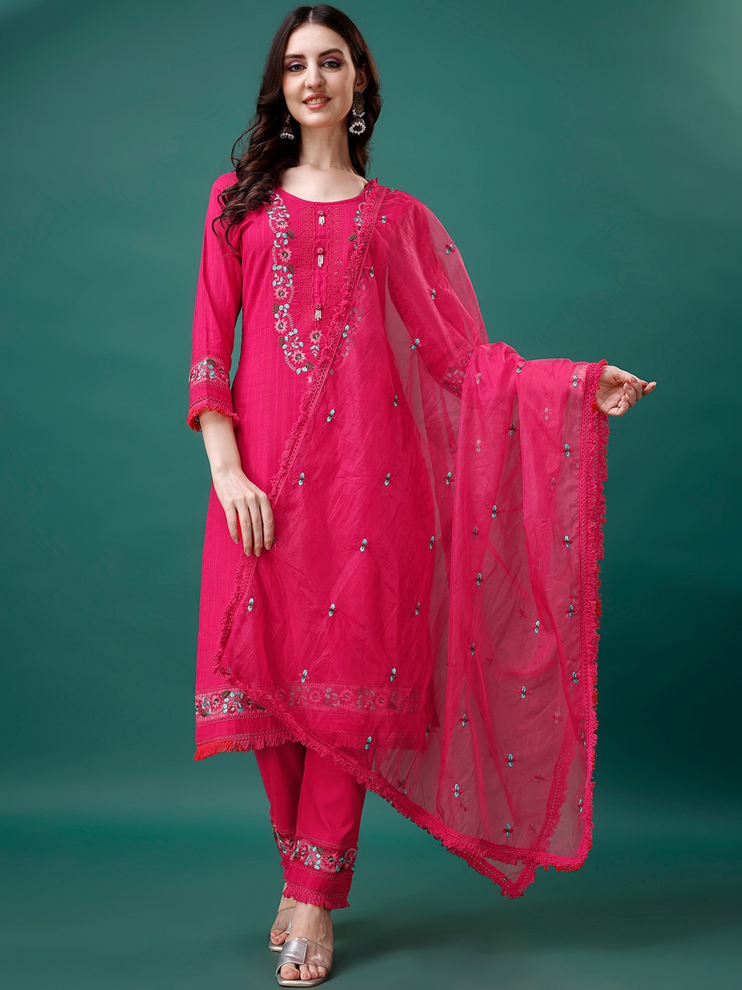 

KALINI Floral Embroidered Pure Cotton Kurta & Trousers With Organza Dupatta, Pink