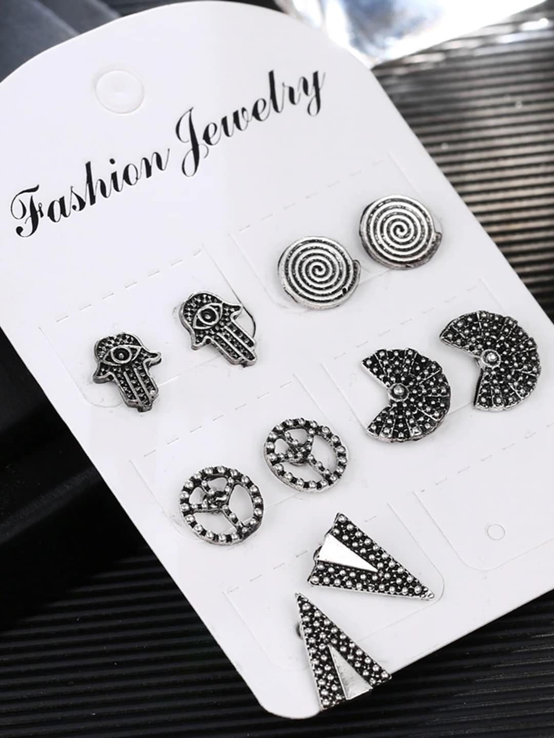 

OOMPH Set of 5 Oxidised Bohemian Stud Earrings, Silver