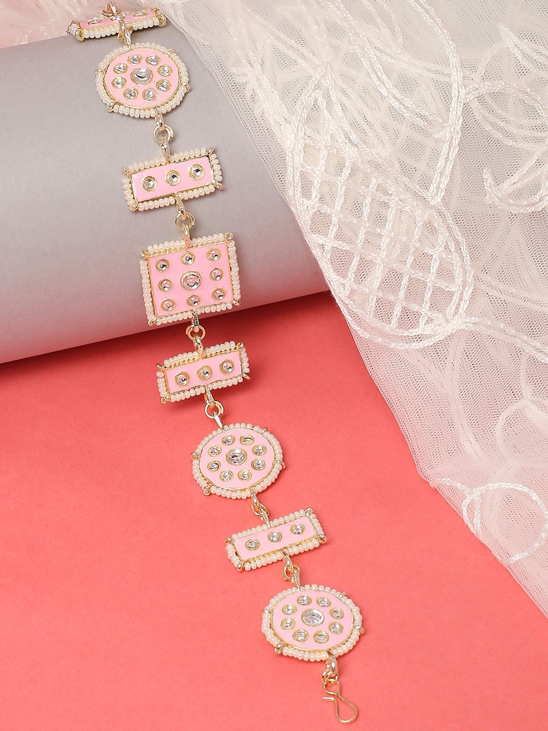 

OOMPH Meenakari Enamel & Kundan Studded Traditional Wedding Head Chain, Pink