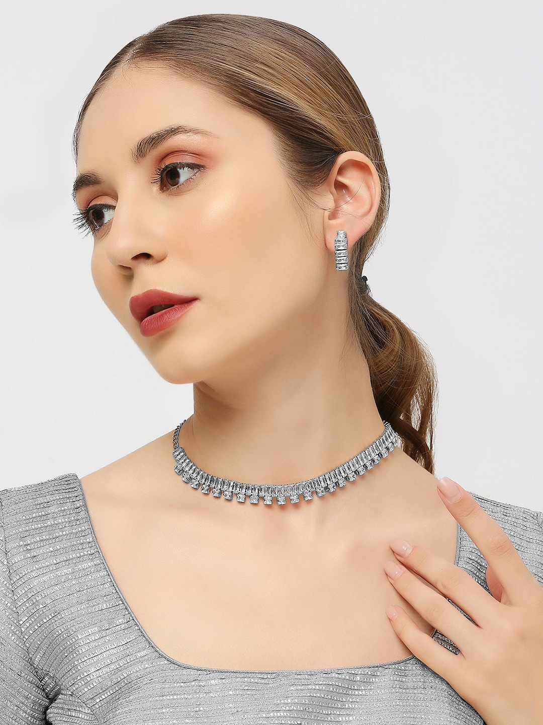 

OOMPH American Diamond-Studded Necklace And Earrings, Silver