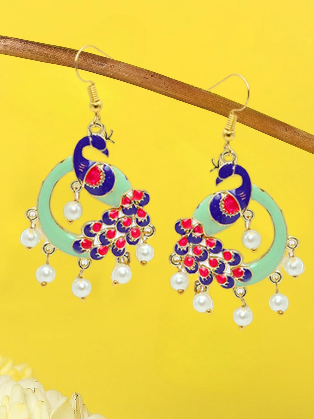 

OOMPH Peacock Shaped Pearl-Beaded Meenakari Chandbalis, Green