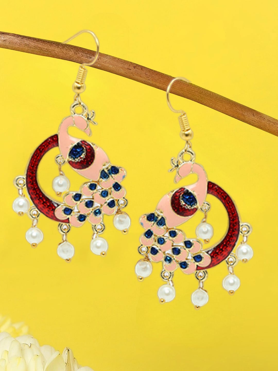 

OOMPH Peacock Shaped Meenakari Detail & Beaded Drop Earrings, Gold