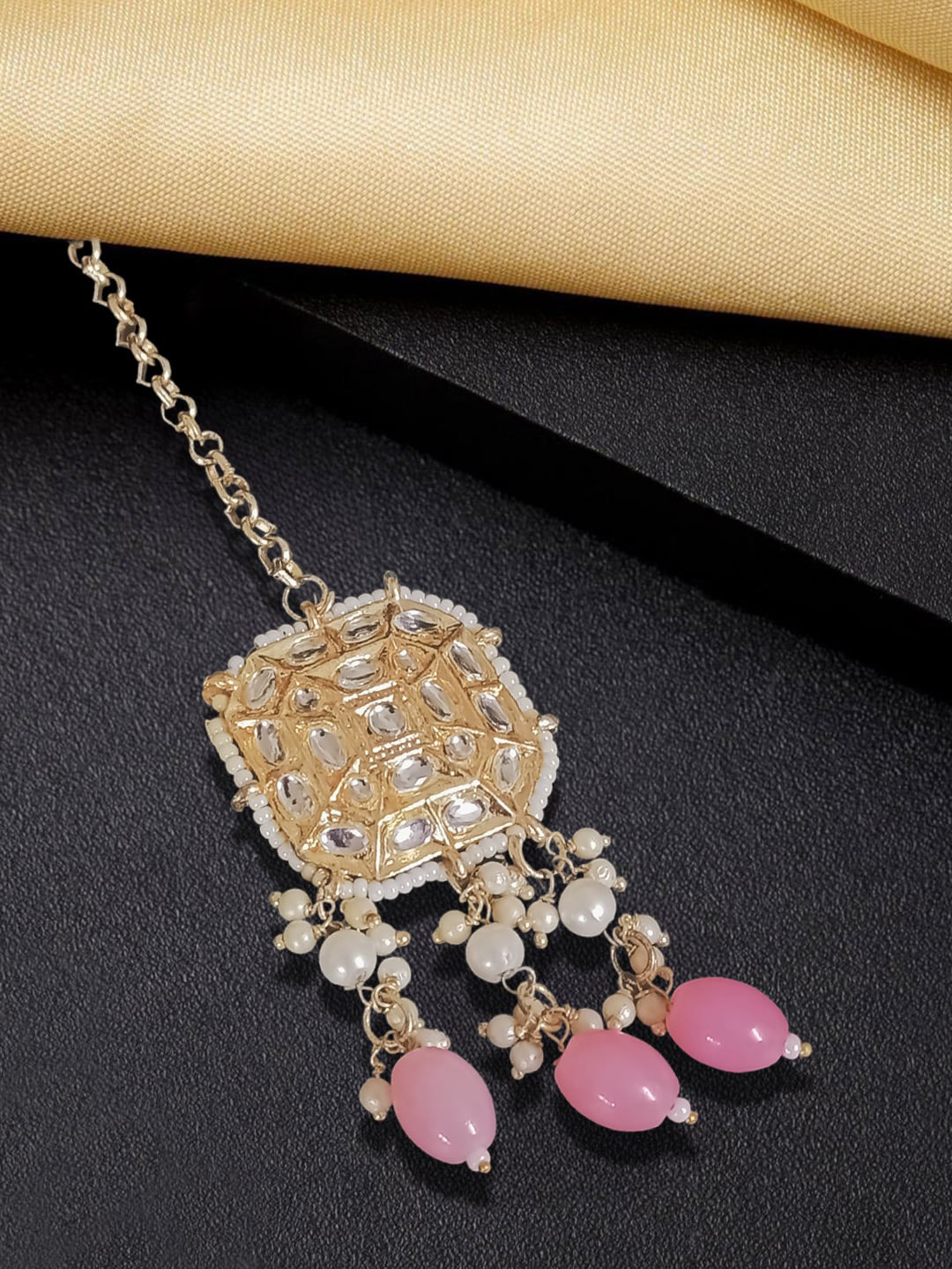 

OOMPH Stone-Studded & Beaded Maang Tikka, Pink