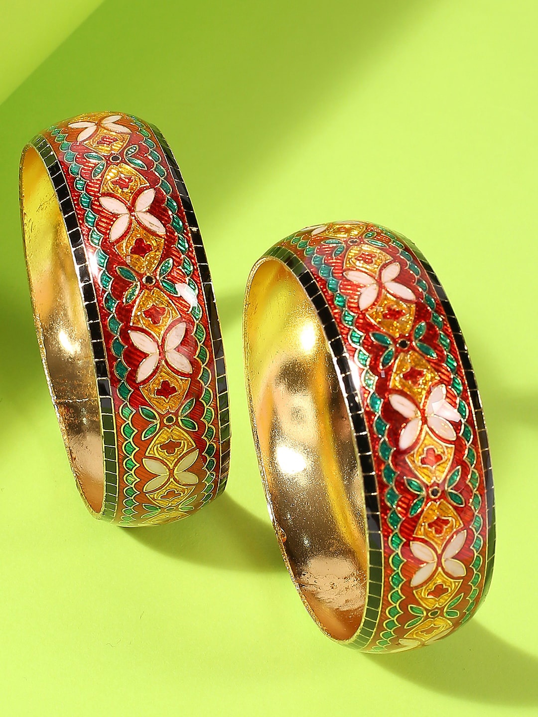 

OOMPH Set Of 2 Meenakari Lotus Designed Bangles, Gold