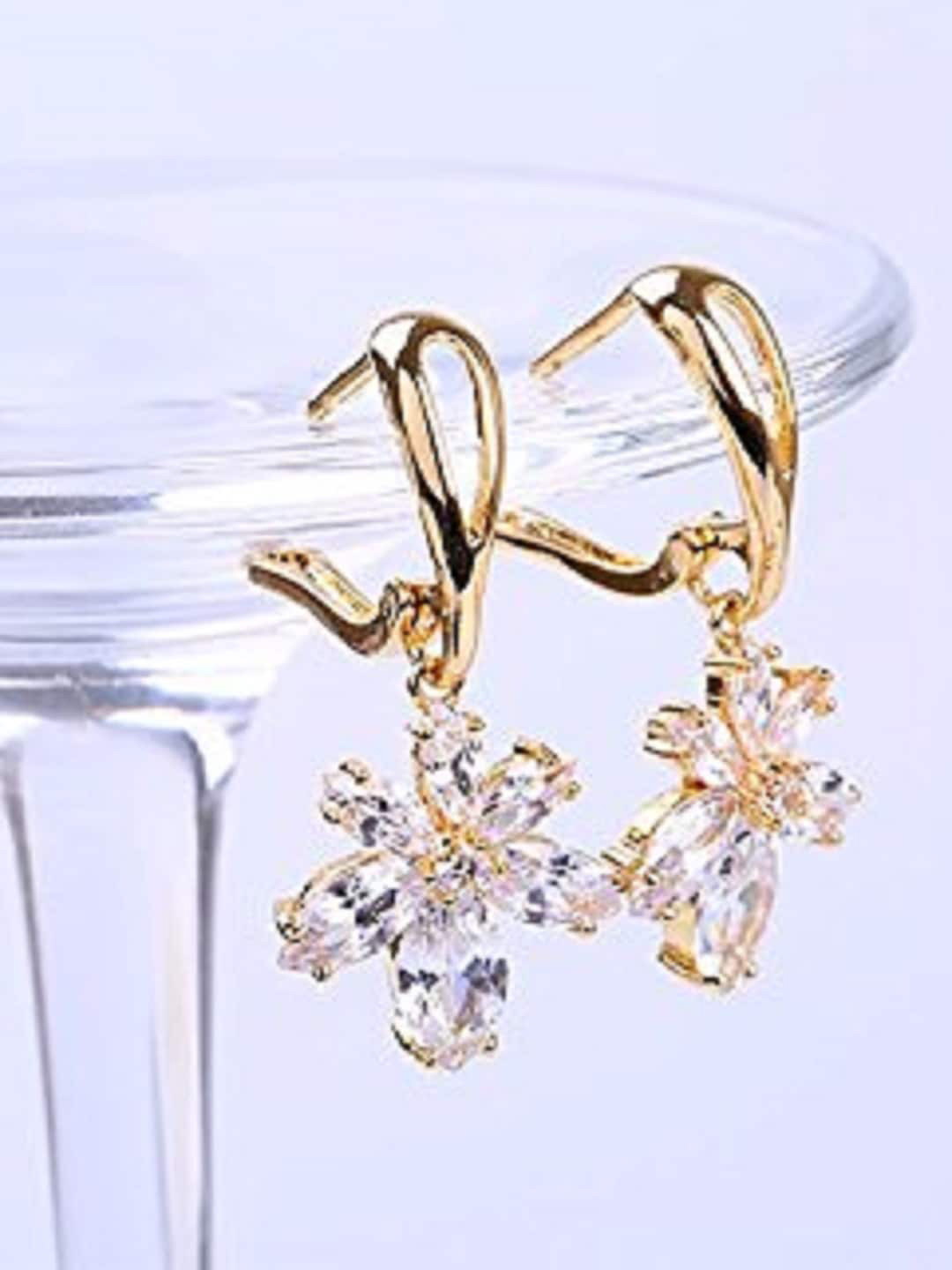 

OOMPH Cubic Zirconia Studded Floral Drop Earrings, Gold